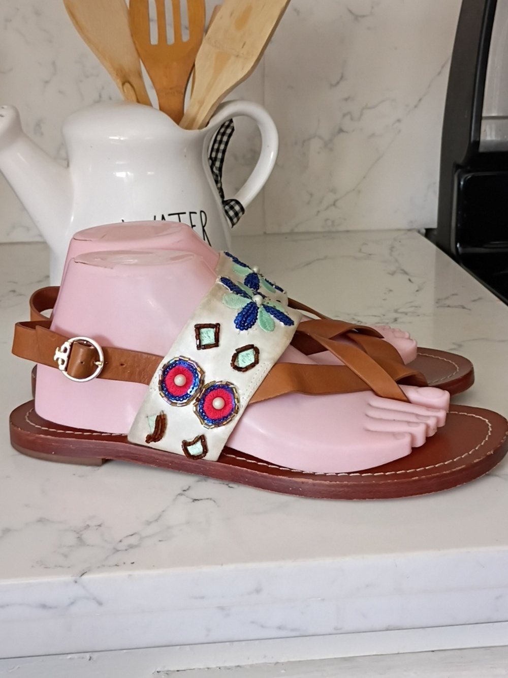 TORY BURCH Handcrafted Brown Leather Slide Sandals with Blue Embroidered Flower